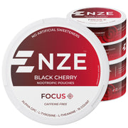 NZE caffeine-free nootropic pouches black cherry can for quick focus.