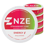 NZE Caffeine Nootropic Pouches Strawberry Kiwi can front for on-the-go energy.