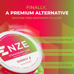 NZE Strawberry Kiwi pouch pack showing convenient 50mg caffeine boost.