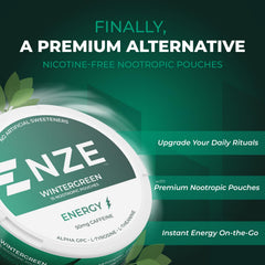 NZE Caffeine Nootropic Wintergreen pouch closed, ideal for travel and quick focus.