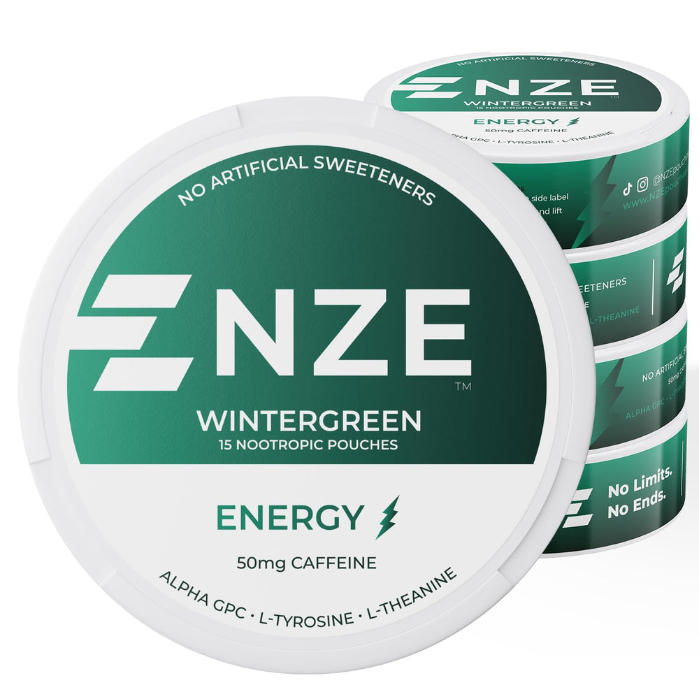 NZE Caffeine Nootropic Wintergreen pouch opened, delivering quick energy and focus on the go.