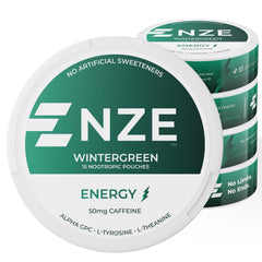 NZE Caffeine Nootropic Wintergreen pouch opened, delivering quick energy and focus on the go.
