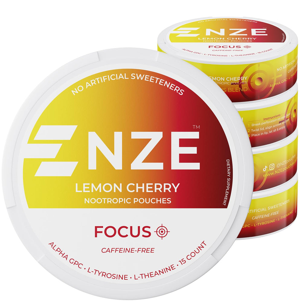 NZE Lemon Cherry pouch front displays branding for quick flavor identification.
