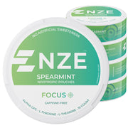 NZE Spearmint pouch packaging highlighting caffeine-free focus support.