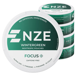 NZE Wintergreen nootropic pouch front view for caffeine-free focus.