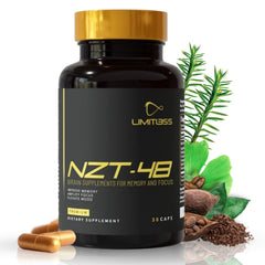 NZT-48 brain booster packaging, premium nootropic design for daily focus.