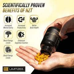 NZT-48 capsules closeup, easy-to-take daily support for focus.