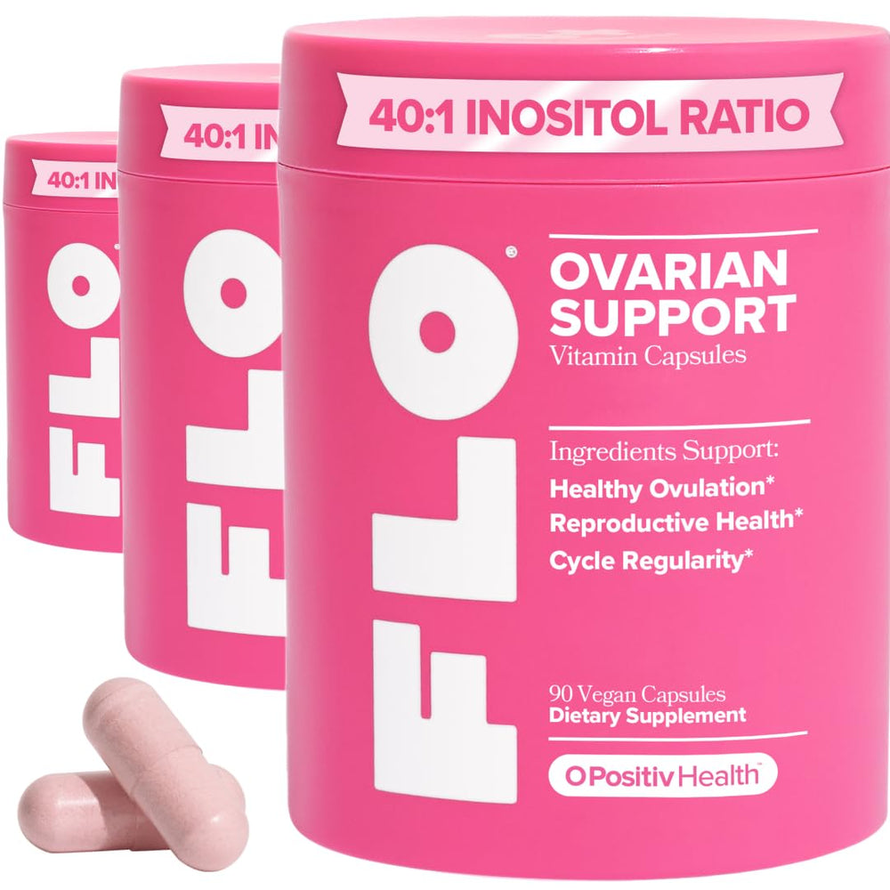 O Positiv FLO ovarian-support bottle front view highlighting balanced hormones and cycle support.