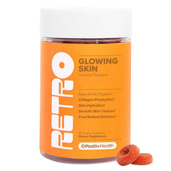 O Positiv RETRO gummy bottle close-up with peach flavor and skin glow potential.