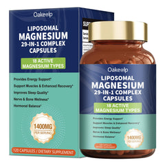 Oakevlp 29-in-1 liposomal magnesium bottle closeup for convenient daily magnesium support.