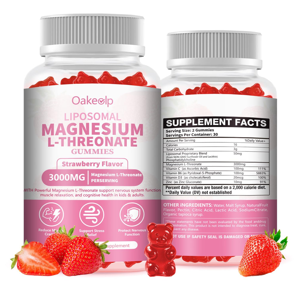 Close-up of Oakevlp gummies highlighting liposomal magnesium threonate for focus and calm