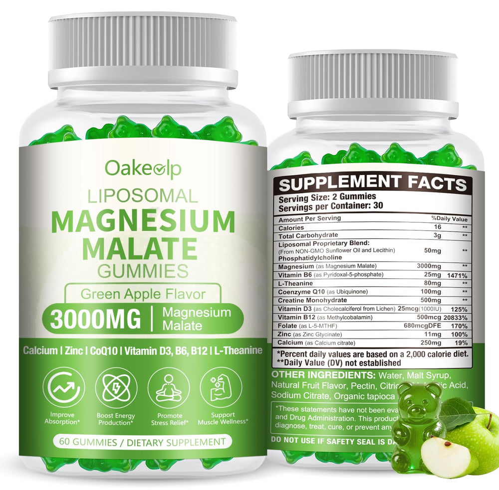 Oakevlp magnesium malate gummies bottle highlighting energy support and muscle relaxation
