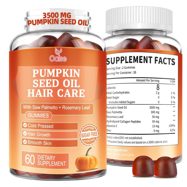 OALSE pumpkin seed oil gummies bottle shows vegan formula for hair and skin support.