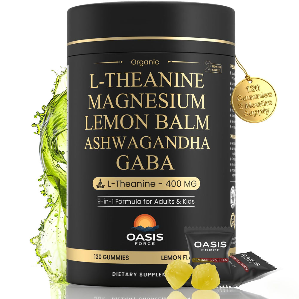 OASIS FORCE L-Theanine 400mg gummies bottle promoting calm mood for daily routines