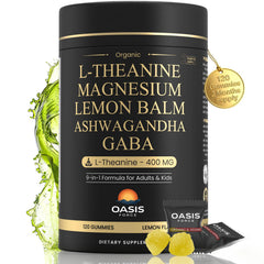 OASIS FORCE L-Theanine 400mg gummies bottle promoting calm mood for daily routines