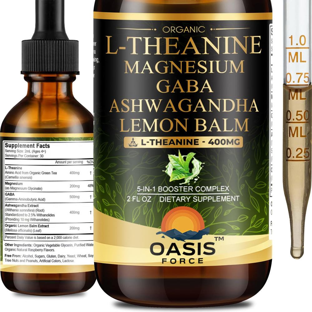 OASIS FORCE L-Theanine drops bottle on counter emphasizing calm focus support