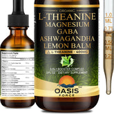 OASIS FORCE L-Theanine drops bottle on counter emphasizing calm focus support