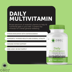 obel Daily Multivitamin with Ashwagandha capsules, highlighting adaptogenic support for stress.