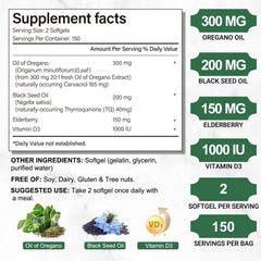 Two softgels illustrate the daily dosage for Obill NuTrance Oil of Oregano