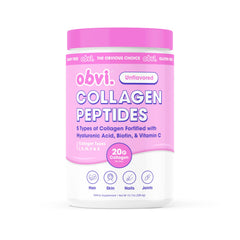 Obvi Collagen Peptides Unflavored tub closeup; versatile daily protein option for meals.