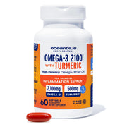 OceanBlue 2100 turmeric softgels with orange flavor offer a burp-free omega-3 experience.