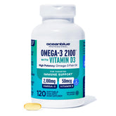 Oceanblue Omega-3 2100 orange bottle with burpless capsules for daily heart and immune support.