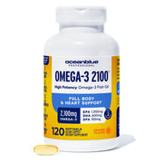 OceanBlue Omega-3 2100mg bottle shows high-potency fish oil for daily supplementation.