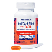 Oceanblue Omega3 2100 orange bottle highlighting orange flavor and heart support.