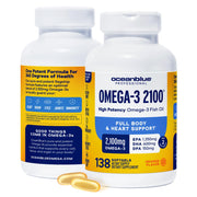 Oceanblue Omega-3 2100mg bottle front highlights triple-strength formula for daily wellness.