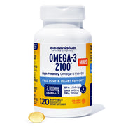 Oceanblue Omega-3 2100mg bottle displayed with softgel capsules for daily use