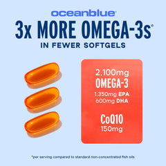 Oceanblue packaging front showcases 2-in-1 omega-3 with CoQ10 for potential heart support.