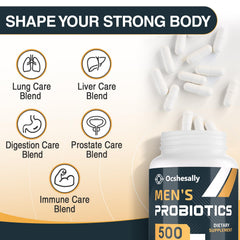 Ocshesally Probiotics for Men label highlights 12 strains for diversity.