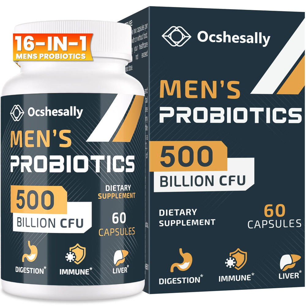 Ocshesally Probiotics for Men bottle shows 500B CFUs for gut support.