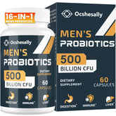 Ocshesally Probiotics for Men bottle shows 500B CFUs for gut support.