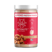 Octonuts almond protein powder container highlights single-ingredient purity, great for smoothies