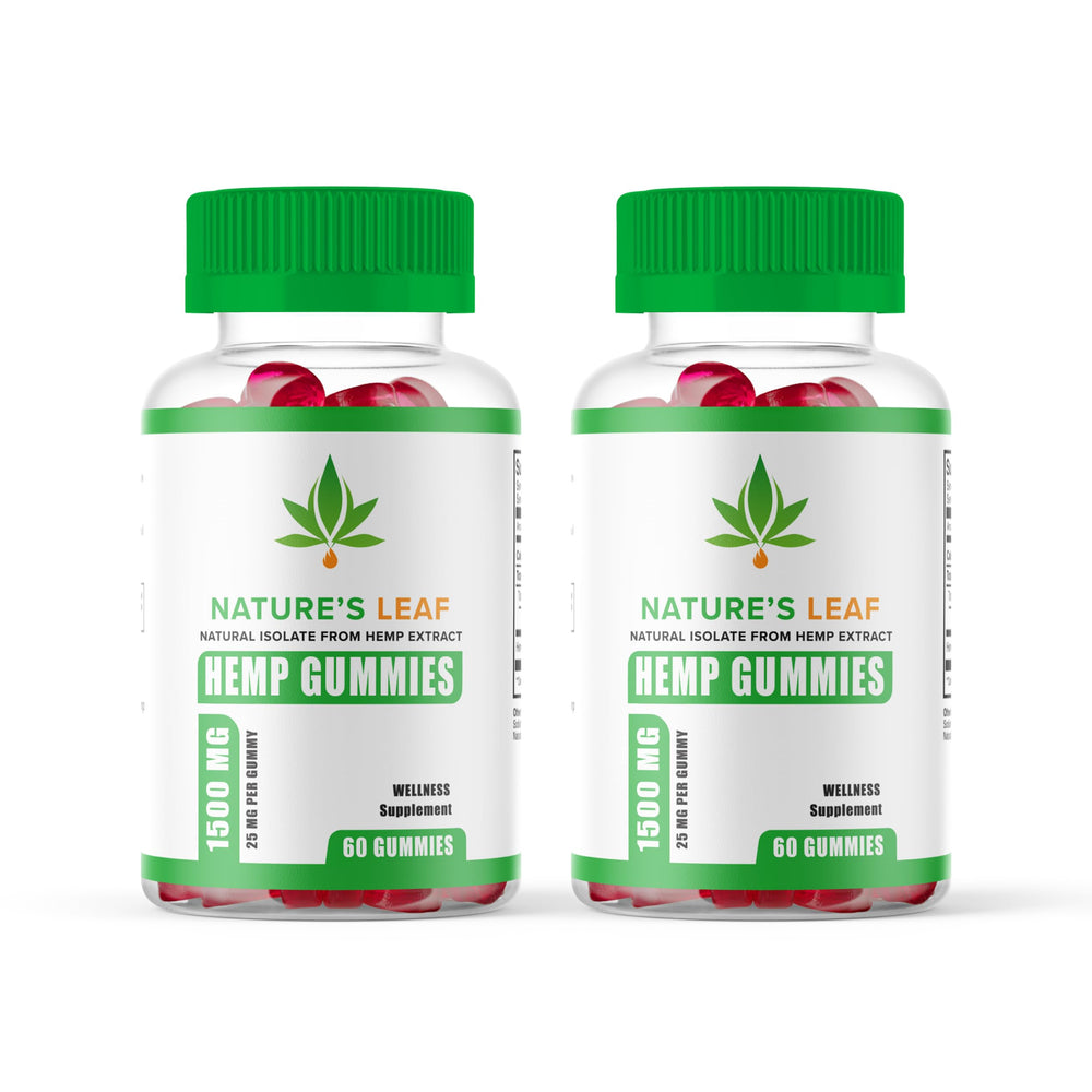 Official Nature's Leaf Hemp Gummies bottle—extra strength hemp oil for daily wellness.