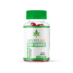 Official Nature's Leaf hemp gummies bottle highlighting natural hemp oil.