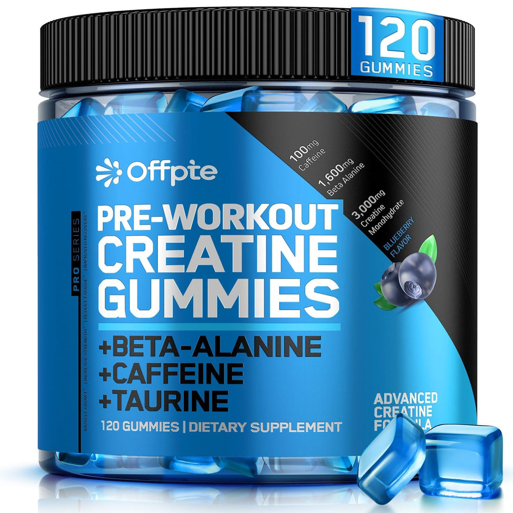 OFFPTE PreWorkout Gummies blueberry bottle ready for a quick energy boost before training.