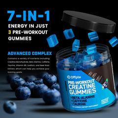 OFFPTE PreWorkout Gummies blueberry closeup shows flavorful, sugar-free energy for workouts.
