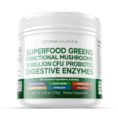 O H Optimal Human Greens bottle front view for daily wellness support.