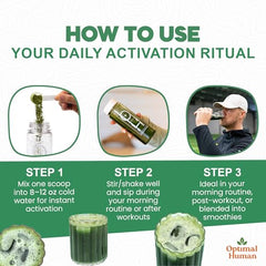 O H Optimal Human Greens powder stirred into a glass with water.