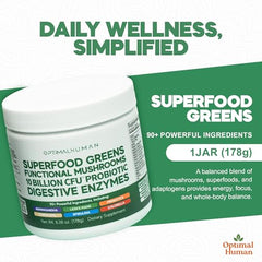 O H Optimal Human Greens label close-up showing 90+ ingredients blend.