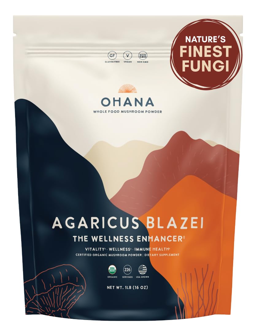 Ohana Agaricus Blazei organic powder bottle showcases premium blend for daily wellness