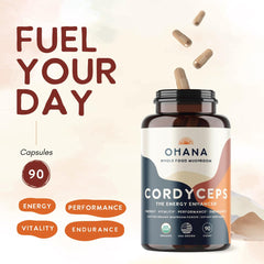 Ohana Cordyceps capsules close-up, ready for daily energy support.