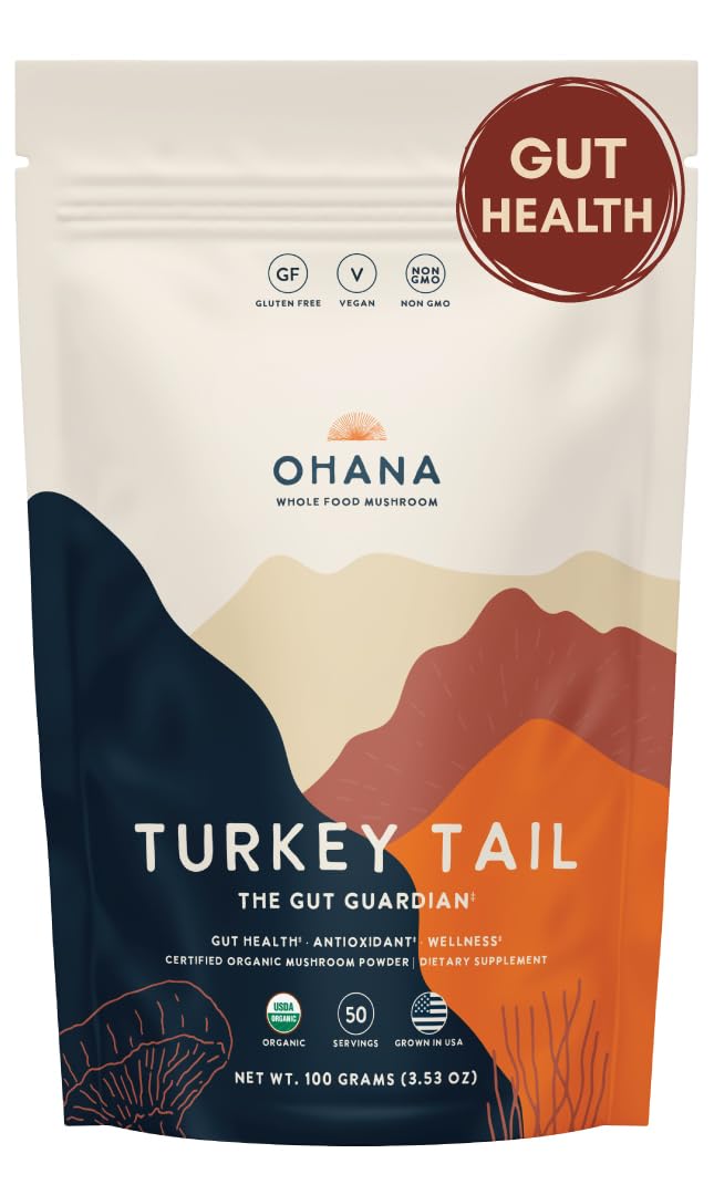 Ohana Turkey Tail powder in a bag with organic quality and vibrant color.