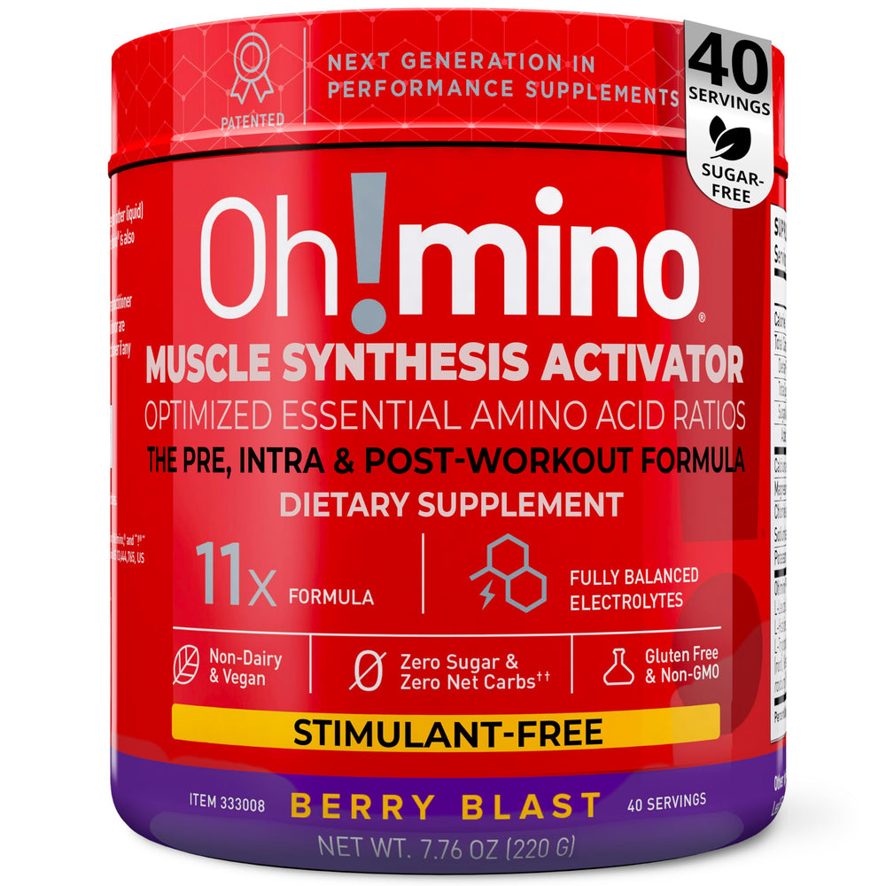 Ohmino Essential Amino Acids Berry Blast bottle shows a refreshing hydration boost for workouts