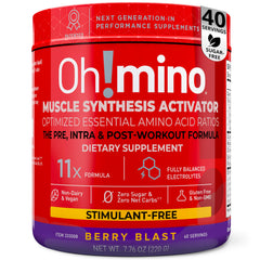 Ohmino Essential Amino Acids Berry Blast bottle shows a refreshing hydration boost for workouts