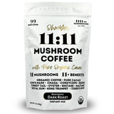 OhmYes 11 Mushroom Coffee + Cacao bottle label promotes a premium morning ritual for focused energy.