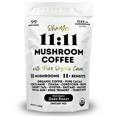 OhmYes 11 Mushroom Coffee + Cacao bottle label promotes a premium morning ritual for focused energy.