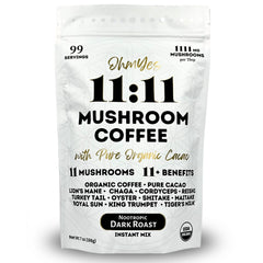 OhmYes 11 Mushroom Coffee + Cacao bottle label promotes a premium morning ritual for focused energy.